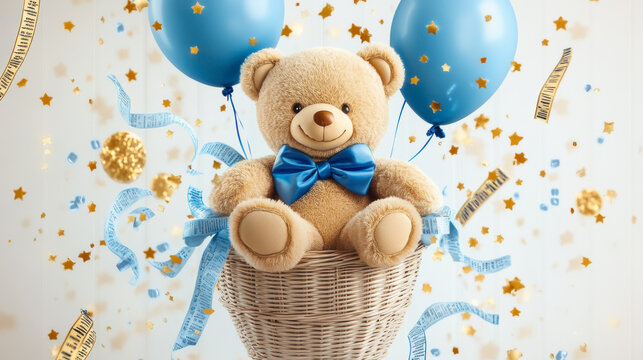 Watercolor Bear with blue balloons Isolated on a white background