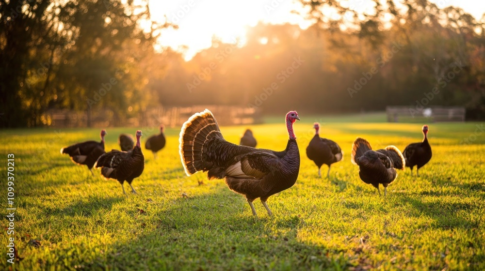 Poster a flock of turkeys stand in a grassy field with the sun setting in the background.