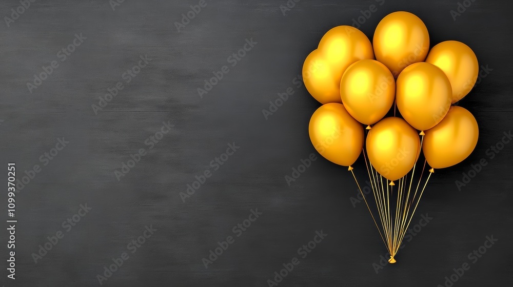 Poster bunch of gold balloons are floating in the air above a black background. the balloons are arranged i
