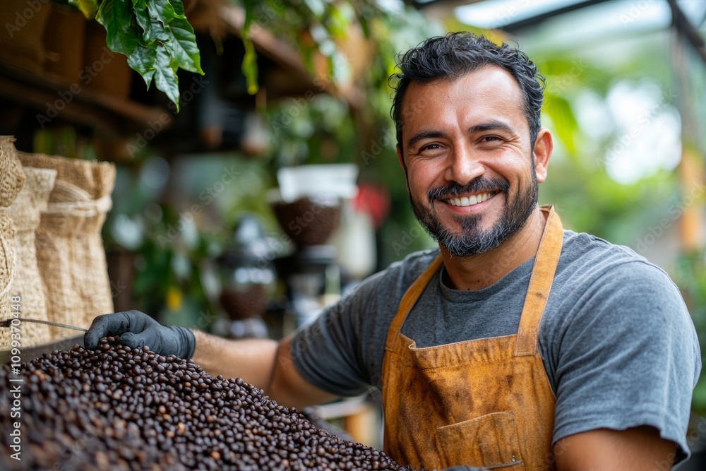 Poster man is smiling and standing in front of a pile of coffee beans. he is wearing an apron and gloves