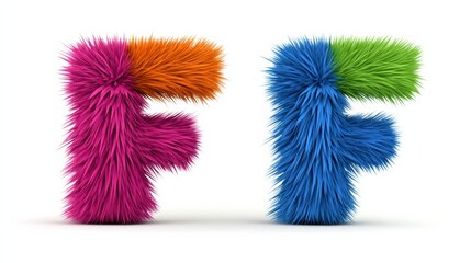 Two fuzzy letters F and F are shown in different colors. The letters are made of hair and have a fuzzy texture. The colors of the letters are pink, blue, and green. The image has a playful