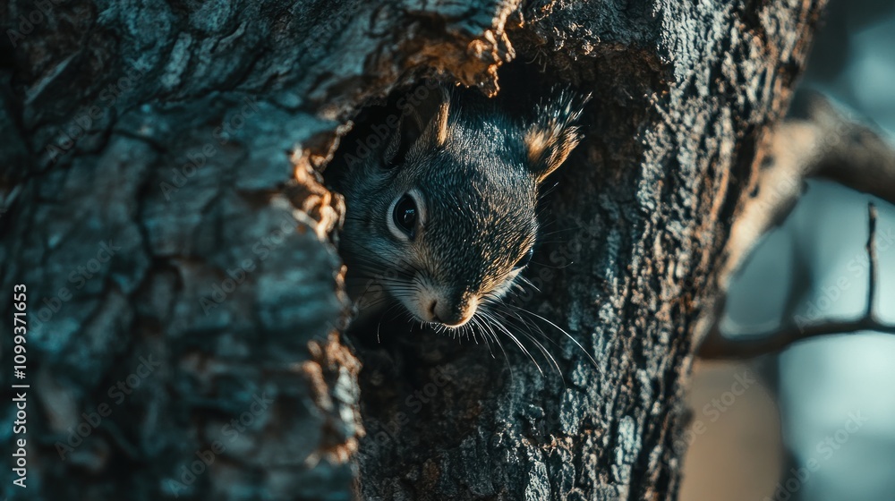 Poster a curious squirrel peeks out from a hole in a tree trunk.