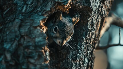A curious squirrel peeks out from a hole in a tree trunk.