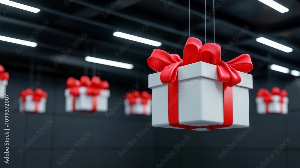 Poster bunch of white boxes with red bows hanging from the ceiling. the boxes are all the same size and sha