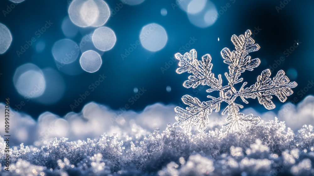 Leinwandbilder unique snowflake resting on a soft layer of snow with sparkling bokeh background