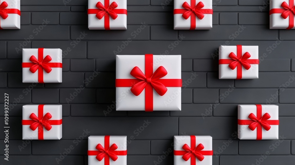 Poster wall of white and red boxes with bows on them. the boxes are arranged in a grid pattern