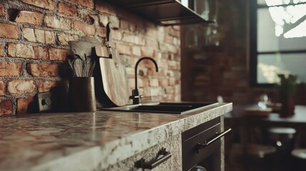 Modern Minimal Kitchen with Exposed Brick Wall and Sleek Countertops in Natural Light