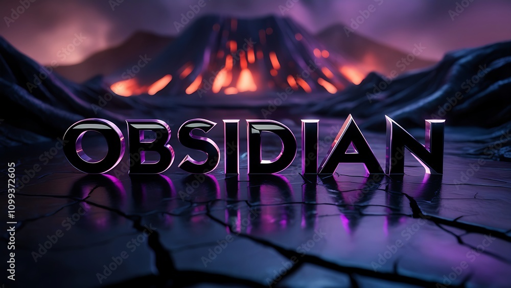 Poster obsidian text rendered in 3d against a backdrop of a volcanic eruption.