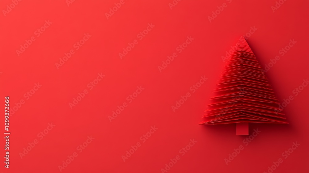 Poster red tree is on a red background. the tree is made of paper and has a pointy top