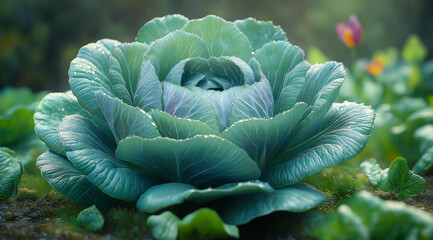 Obraz premium head of green cabbage with large, slightly overlapping leaves, sits in a garden setting