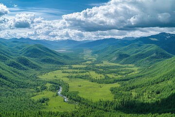Fototapeta premium Stunning Aerial View of Lush Green Valley with Meandering River under a Dramatic Cloudy Sky in Summer