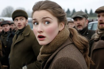 Obraz premium Young caucasian female in vintage clothing among crowd outdoors