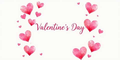 Watercolor pink hearts template with round frame on white background, design, round frame