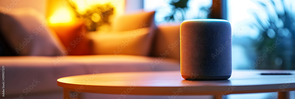 Poster smart speaker with voice commands in a modern living room, seamlessly blending technology with comfo