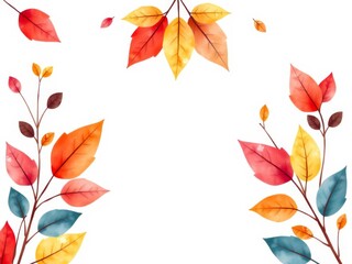 Watercolor style colorful leaves in a minimalist fall background with a center empty space for text, greeting card, stock photo