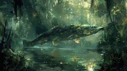 Fototapeta premium Giant fish leaps from dark, mystical swamp water, surrounded by lush green foliage and dappled sunlight.