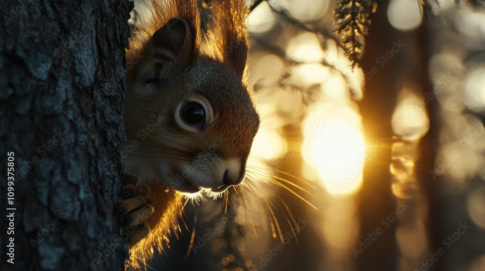 Aufkleber a red squirrel peeks out from behind a tree trunk with the sun setting in the background.