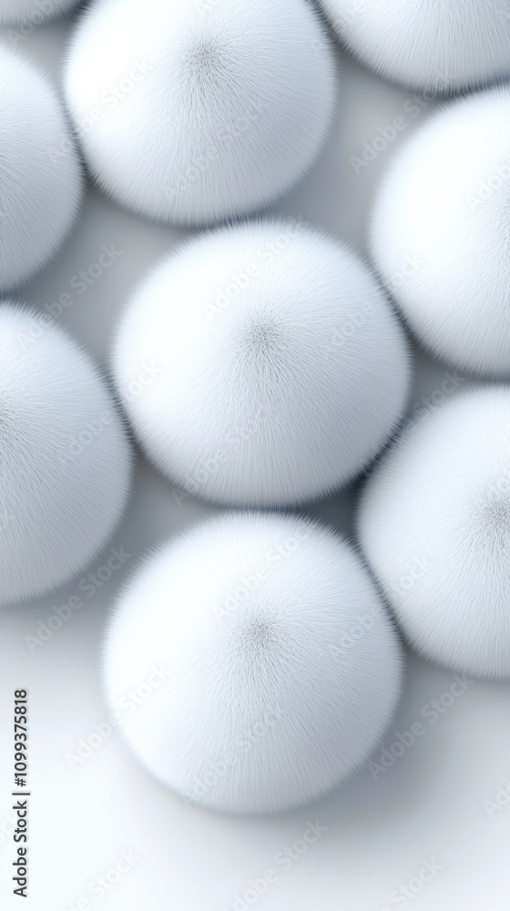 Poster close up of a bunch of white balls with a fuzzy texture. the balls are all different sizes and are a