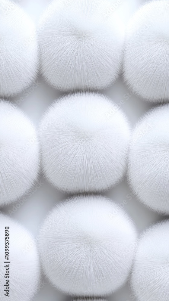 Poster close up of several white balls, each with a fuzzy texture. the balls are arranged in a row, with so