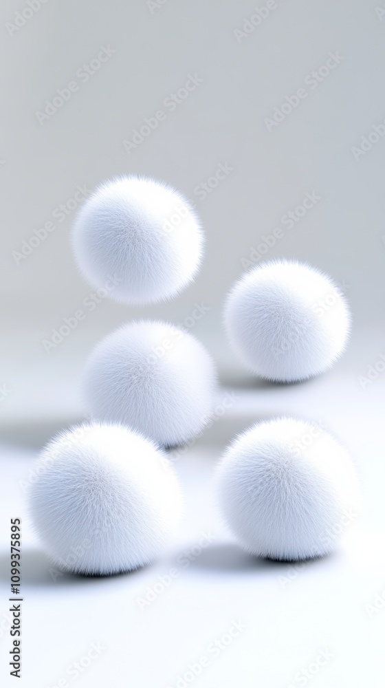 Poster group of fuzzy white balls are floating in the air. the balls are all different sizes and are scatte