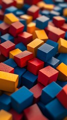 Obraz premium Colorful wooden blocks scattered, close-up view.