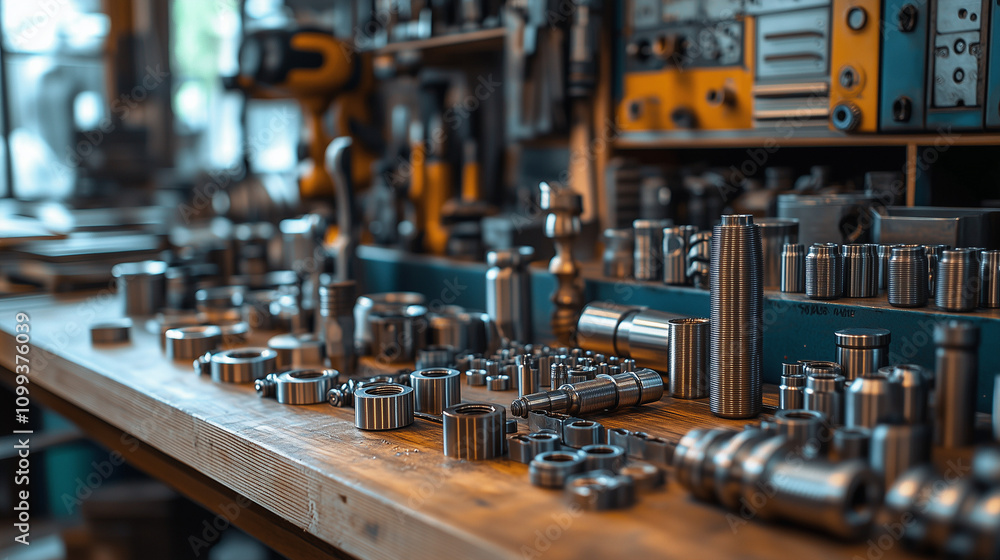 Poster precision engineering components on workshop table