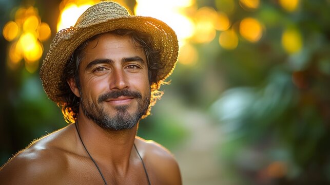 Man wearing a straw hat and a necklace is smiling. The hat is brown and the necklace is black