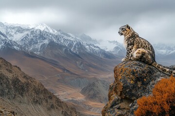 Naklejka premium A lone snow leopard sits on a rocky crag, looking out over a vast mountainous landscape. The sky is overcast, and the mountains are snow-capped.