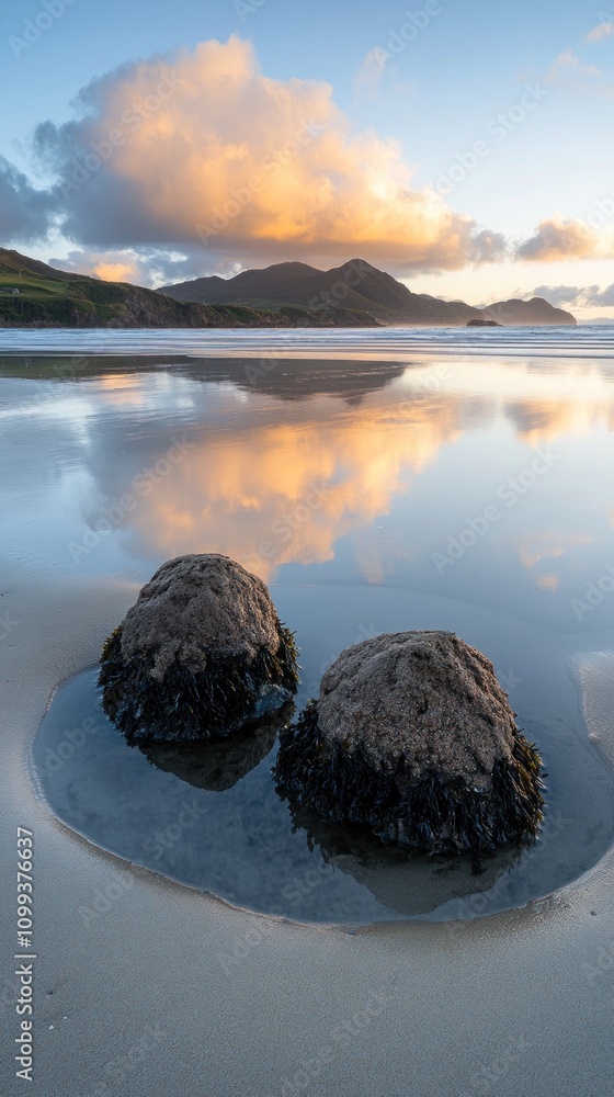 Poster two large smooth rocks on a sandy beach at low tide with a mountain range in the background and a bl