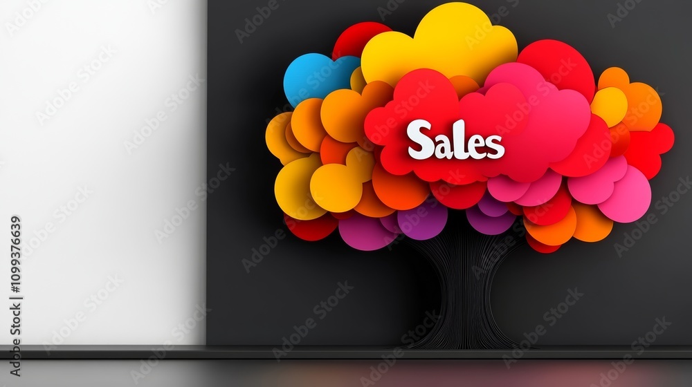 Poster colorful tree with the word sales written on it. the tree is made up of many different colored circl