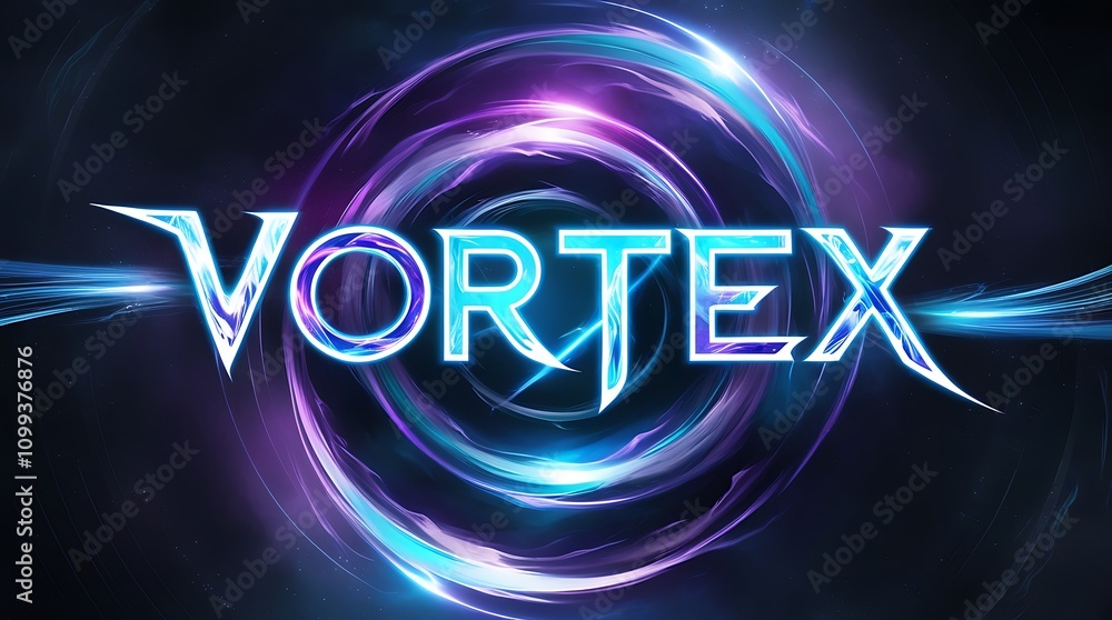 Poster abstract vortex design with glowing neon text.