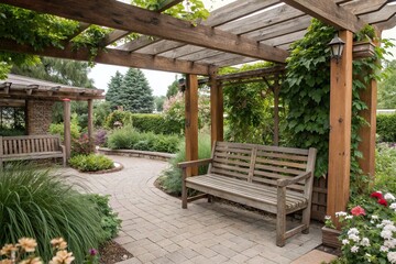 Obraz premium Cozy outdoor seating area with a reclaimed wooden bench under a pergola, rustic outdoor furniture, relaxation, cozy corner, pergola shade, outdoor seating