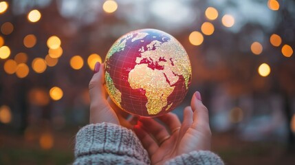 Fototapeta premium Smartphone projection of a glowing world map outdoor evening setting visual display nature-inspired hands-on experience