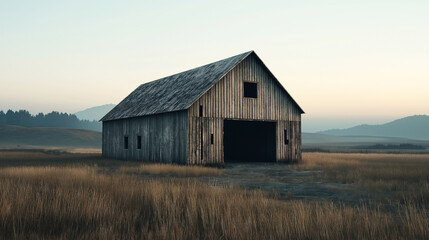 Wooden barn in an open field with dry grass during sunrise with a mountainous background.