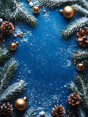 Christmas background border with fir and baubles on blue