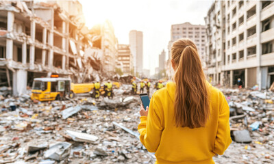 Young caucasian woman observing urban disaster aftermath in cityscape