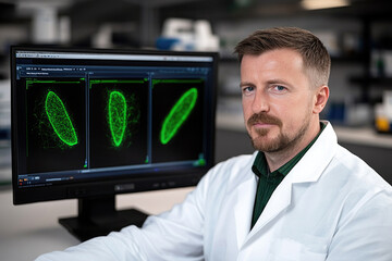 Fototapeta premium Caucasian male scientist analyzing cells on computer screen in laboratory setting