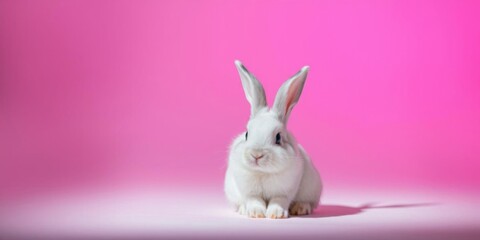 Obraz premium White rabbit surrounded by pink background with multiple rabbit shadows, concept, pink