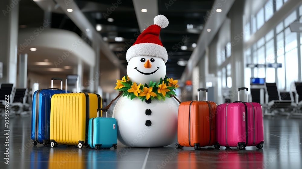 Poster snowman wearing a santa hat is standing in front of a row of suitcases. the suitcases are of differe