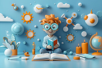 3D of a character using a chalkboard discovering various tutorials and skills to learn in a book