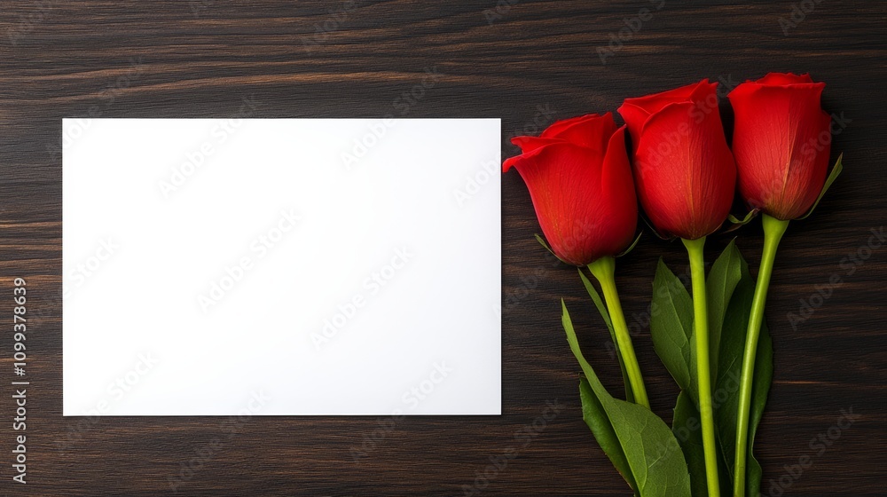 Poster white card with three red roses on top of it. the card is empty and the roses are the main focus of 