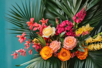 Obraz premium A vibrant bouquet of tropical flowers in shades of orange, yellow, pink and red against a teal blue background.