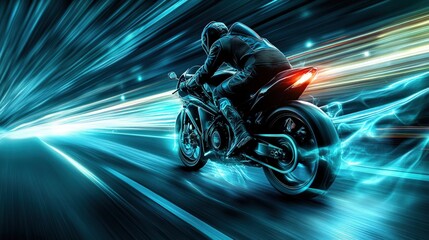 Obraz premium Fast motorcycle rider speeding through a neon-lit tunnel at night.