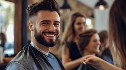 Young man with stylish hair and beard smiling confidently in a modern salon while receiving a haircut from a skilled stylist, showcasing a vibrant atmosphere.