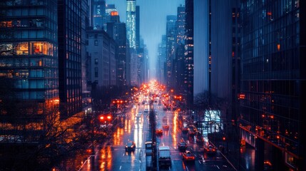 Fototapeta premium Rainy city street with illuminated buildings and car lights at night.