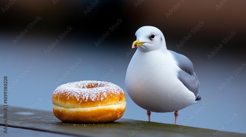 Poster seagull stands in front of a donut with powdered sugar on top. the bird appears to be looking at the
