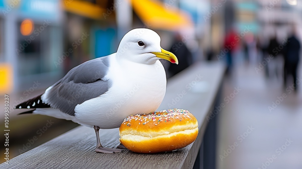 Aufkleber seagull is standing on a railing with a doughnut in its beak. the scene is set in a busy city with p