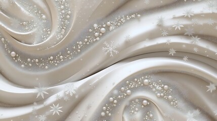 Fototapeta premium Elegant cream fabric with pearls and snowflakes.