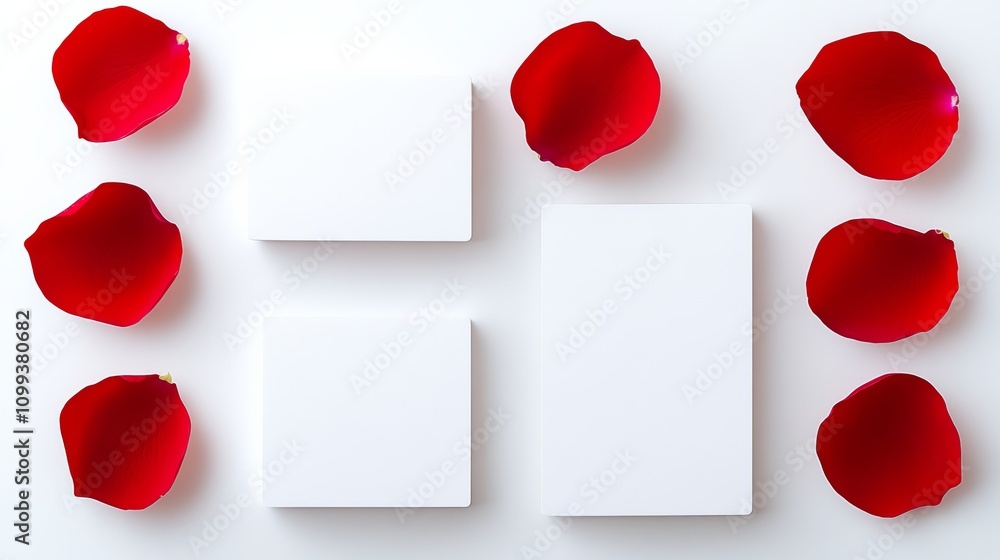 Poster white background with a variety of red rose petals scattered around it. the petals are arranged in a