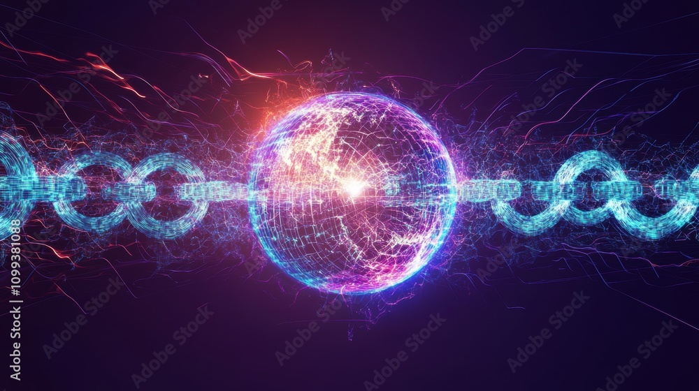 Poster glowing digital sphere connected by neon chains with dynamic light effects